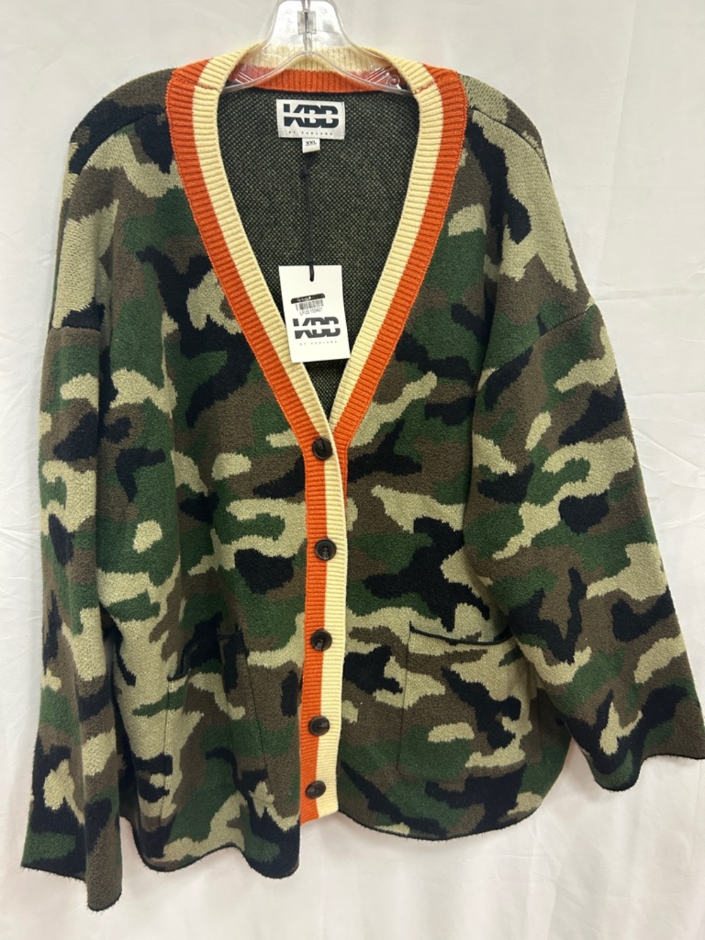 Green Camo Button-Front Cardigan with Orange Trim